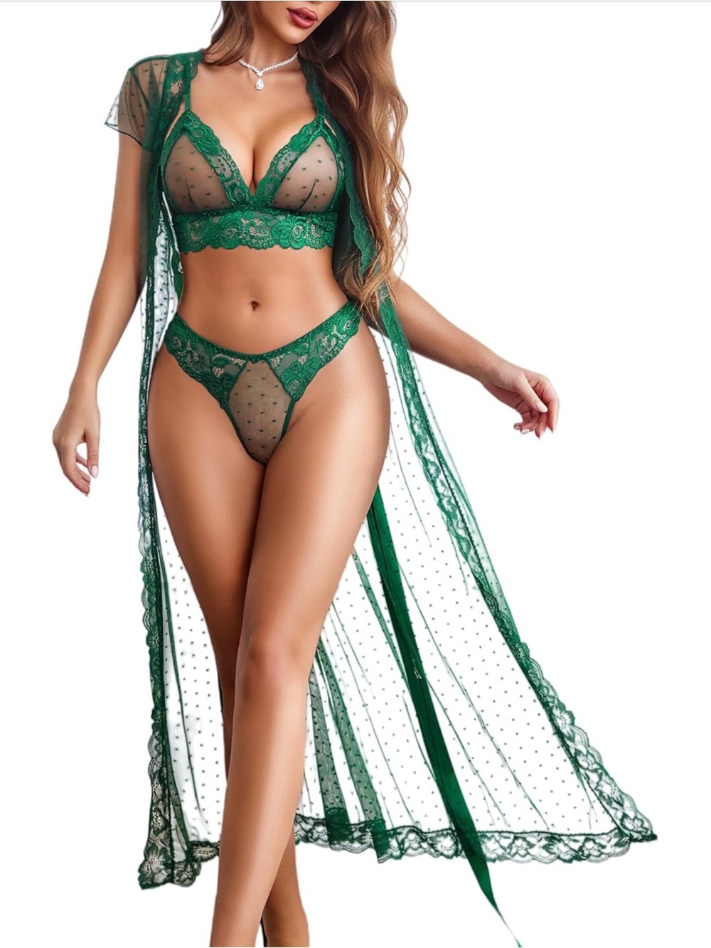 Emerald Lace Sheer Bralette, Thong & Duster Robe Set